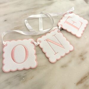 First Birthday Fabric Embroidered highchair banner “One” Girl